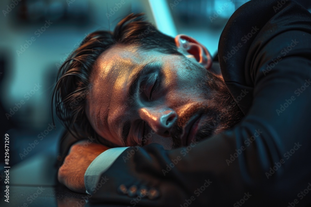 Poster a man in a suit sleeping on a table. suitable for business or relaxation concepts