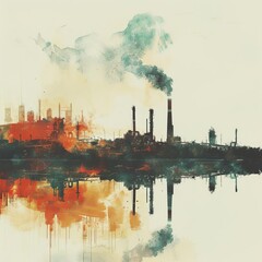 A dark and gloomy factory. The air is thick with smoke and pollution. The water is murky and reflects the factory. The sky is a deep orange.