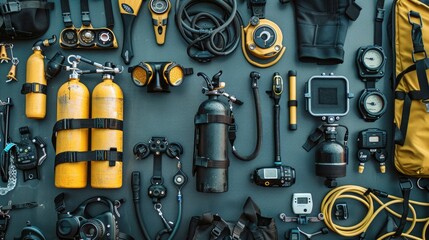 Scuba diving gear arranged on a table, suitable for diving websites or brochures