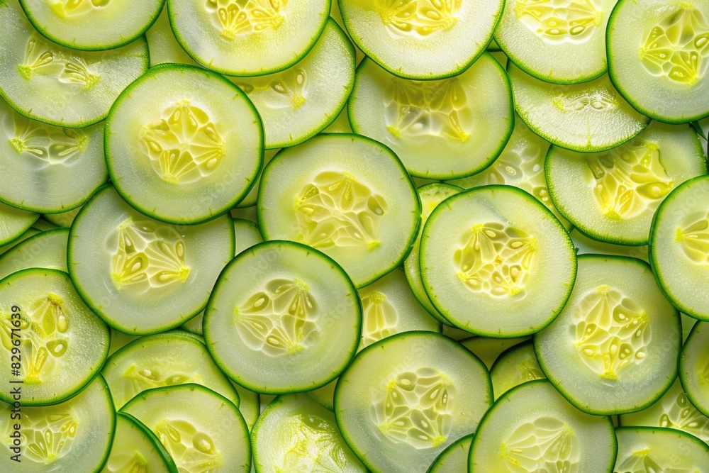 Poster Freshly sliced cucumbers arranged in a neat stack, perfect for healthy eating concept