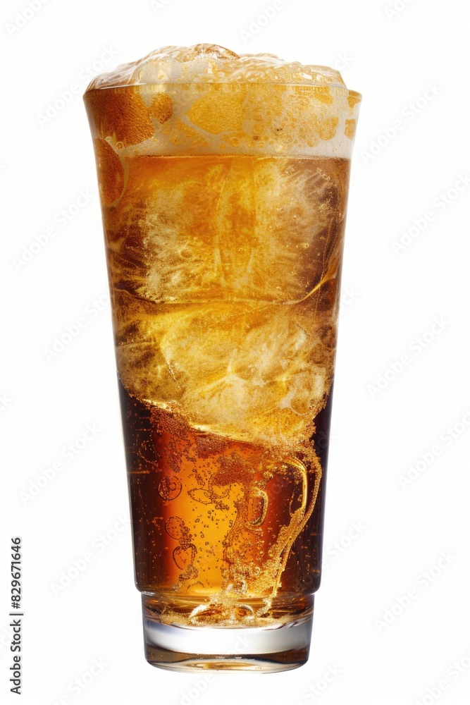 Poster a glass of soda with ice cubes on a white background. perfect for beverage concepts