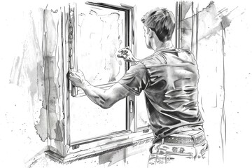 A drawing of a man opening a window. Suitable for home improvement concepts