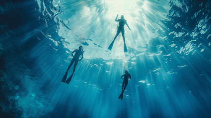 Friends snorkeling in clear blue waters, exploring the underwater world. Dynamic and dramatic composition, with cope space