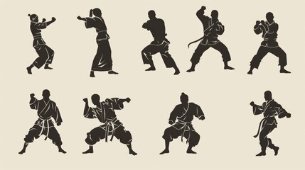 Collection of black silhouettes of men in various martial poses. Ideal for sports and fitness designs