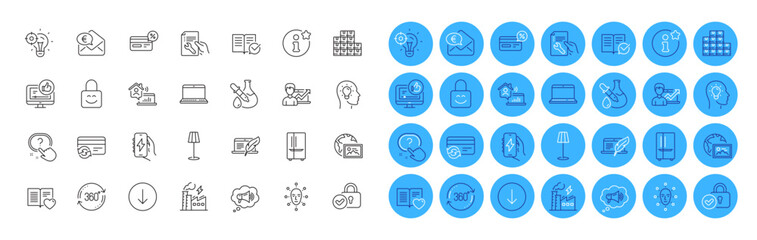 Electricity factory, Full rotation and Work home line icons pack. Scroll down, Approved documentation, Charging app web icon. Repair document, Face biometrics, Lock pictogram. Notebook. Vector