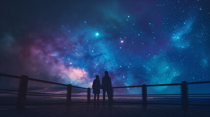 Friends stargazing on the deck, with a clear, star-filled sky above them. Dynamic and dramatic composition, with cope space