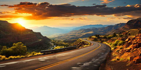 Scenic Sunset Drive on Winding Mountain Road, Vibrant Sky and Panoramic Landscape View in High Country