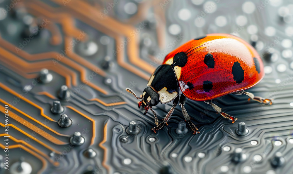 Aufkleber ladybug on computer circuits: symbolizing debugging and troubleshooting in technology and nature