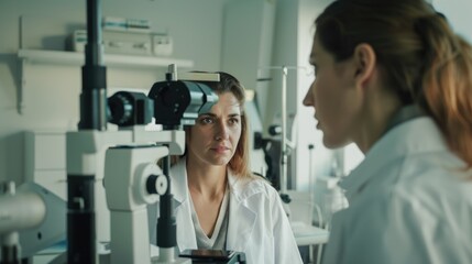 Obraz premium A woman in a lab coat examining an eye chart. Suitable for medical or vision-related concepts