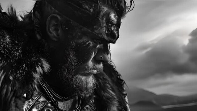 A dramatic close-up of a Viking-like figure with striking lighting