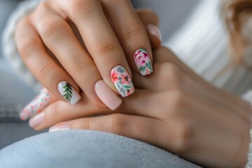 Beautiful hands of a young woman with manicure on nails. Nail care concept