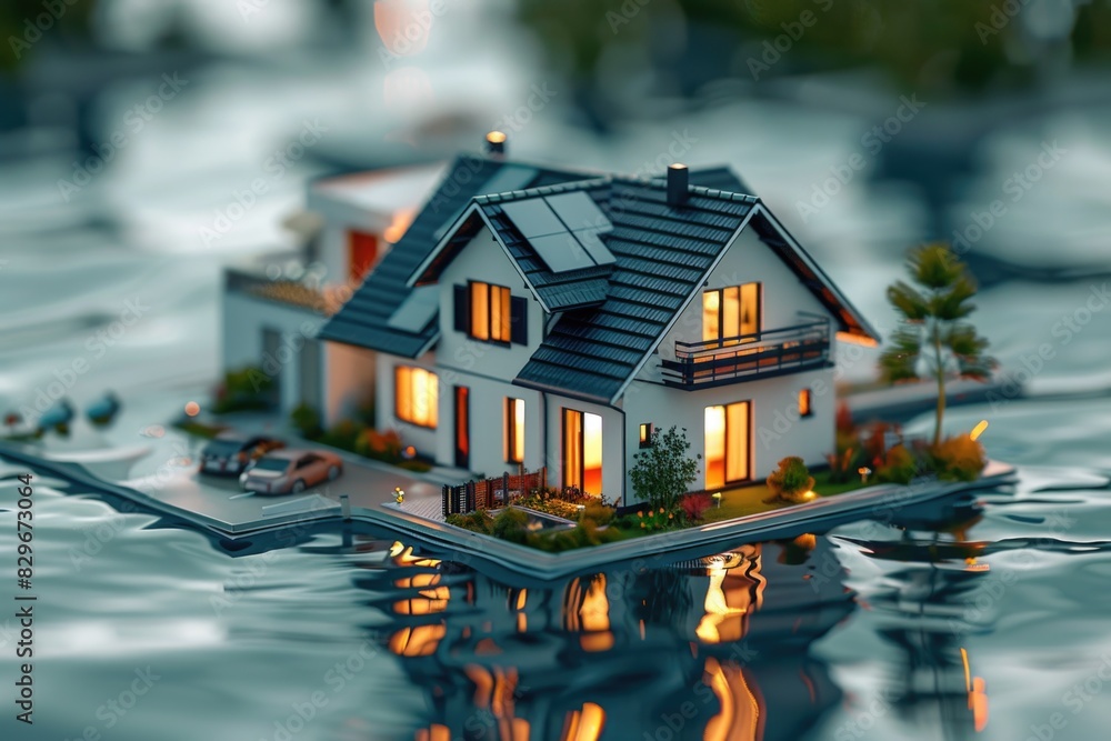 Poster a tiny house placed on a calm body of water. suitable for various design projects