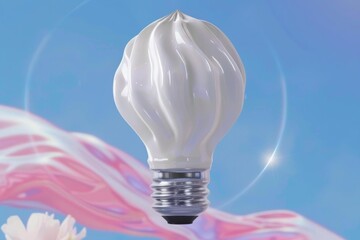 Innovative light bulb made from crumpled paper, floating in a serene environment, presented in flat minimal style on a subtle gradient background