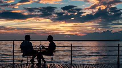 Obraz premium Friends having a deep conversation on the deck, with the calm sea reflecting their images. Dynamic and dramatic composition, with cope space