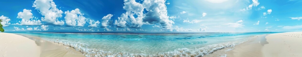 Fototapeta premium Beautiful beach with white sand and rolling calm turquoise ocean waves on a sunny day with blue sky and white clouds in the background. Maldives island, colorful and perfect panoramic natural landscap