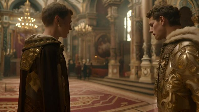 Two people in ornate historical costumes shake hands standing in a grand and luxurious room