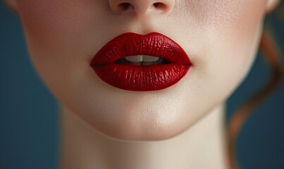 Fototapeta premium closeup of red lipstick with woman's lips for beauty and cosmetics concept 