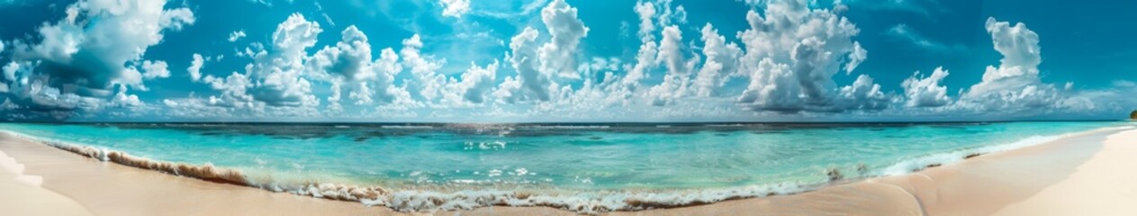 Obraz premium Beautiful beach with white sand and rolling calm turquoise ocean waves on a sunny day with blue sky and white clouds in the background. Maldives island, colorful and perfect panoramic natural landscap
