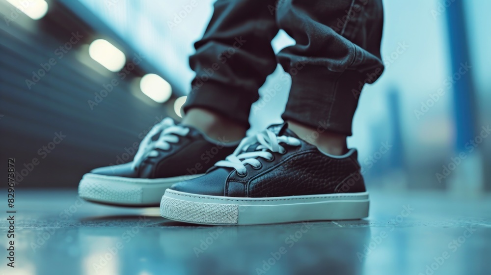 Poster close up of a person's shoes on the ground. suitable for various concepts