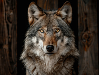 Fototapeta premium Eye to eye portrait with grey wolf female on black background. Square image 