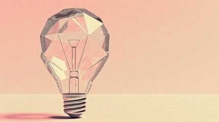 Illustrate a 3D model of a light bulb crafted from crumpled paper, designed in flat minimal style with a soft, pastelcolored background, ideal for innovative project illustrations