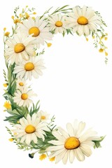 Obraz premium daisy themed frame or border for photos and text. with white petals and yellow centers. watercolor illustration, Perfect for nursery art, simple clipart, single object, white color background.