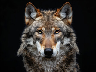Obraz premium Eye to eye portrait with grey wolf female on black background. Square image 