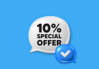 10 percent discount offer tag. Text box speech bubble 3d icons. Sale price promo sign. Special offer symbol. Discount chat offer. Speech bubble banner. Text box balloon. Vector