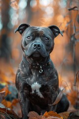 A black and white dog sitting in a pile of leaves. Suitable for pet lovers and autumn themes