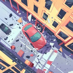 Car crash flat design top view cityscape cartoon drawing colored pastel