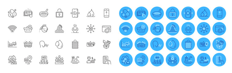 Food delivery, Arena stadium and Roller coaster line icons pack. Oil drop, Difficult stress, Home moving web icon. Delete purchase, Business growth, Lighthouse pictogram. Shopping bag. Vector