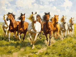 Painting of a herd of horses running freely in a green field. On a day when the sky is clear and beautiful