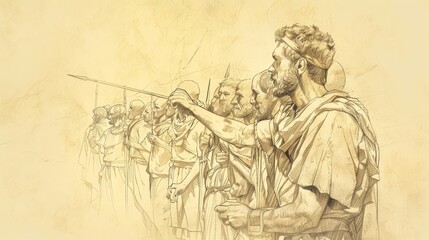 Fototapeta premium Biblical Illustration: Gideon's Victory, Army Selection by Water Drinking, Midianites Defeated, Beige Background, Copyspace