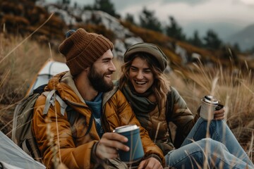 Joyful Couple Enjoying Warm Drinks During a Camping Adventure in the Mountains