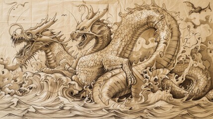 Obraz premium Biblical Illustration: Beast Rising from the Sea, Blasphemous Names, Dragon's Authority, Beige Background, Copyspace