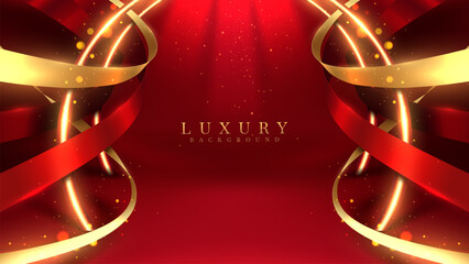 Elegant red and gold luxury background with swirling ribbons and sparkling details, perfect for festive events and upscale branding. Vector illustration.