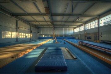 Fototapeta premium Spacious gym with blue flooring, perfect for fitness or sports concepts