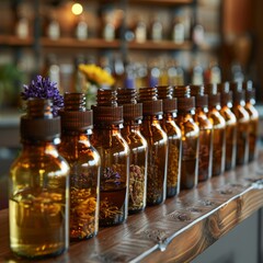 The photo shows a variety of essential oils, with flowers and herbs suspended in some of the bottles.