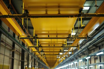 A large warehouse illuminated by numerous yellow lights. Ideal for industrial concepts and business presentations