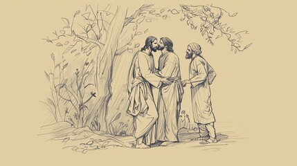 Fototapeta premium Biblical Illustration: Jesus Arrested in Gethsemane, Judas' Kiss, Soldiers Take Him, Beige Background, Copyspace