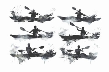 A series of watercolor illustrations featuring a man paddling a canoe. Ideal for outdoor and adventure themed designs