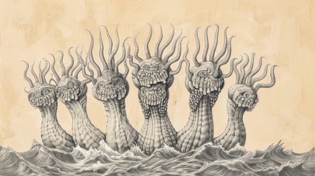 Biblical Illustration: Beast Rising from the Sea, Blasphemous Names, Dragon's Authority, Beige Background, Copyspace