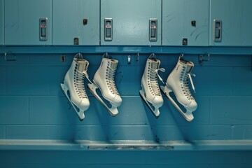 Ice skates hanging from a locker, perfect for winter sports concept