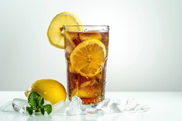 Refreshing Iced Tea with Lemon Slices and Mint on a Bright Background