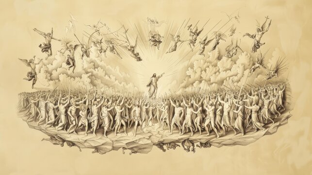 Biblical Illustration: Armageddon Battle, Good vs Evil, Jesus Leads Heavenly Armies, Beige Background, Copyspace