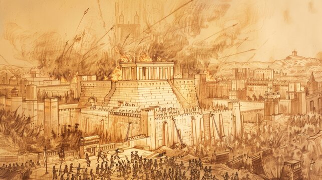 Biblical Illustration: Fall of Jerusalem, Babylonians Destroy, Temple Burns, Exile, Beige Background, Copyspace