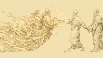 Biblical Illustration: Elijah's Ascension, Chariot of Fire, Elisha's Mantle, Beige Background, Copyspace