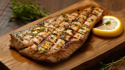 Freshly grilled fish served on a wooden cutting board. Great for food and cooking concepts