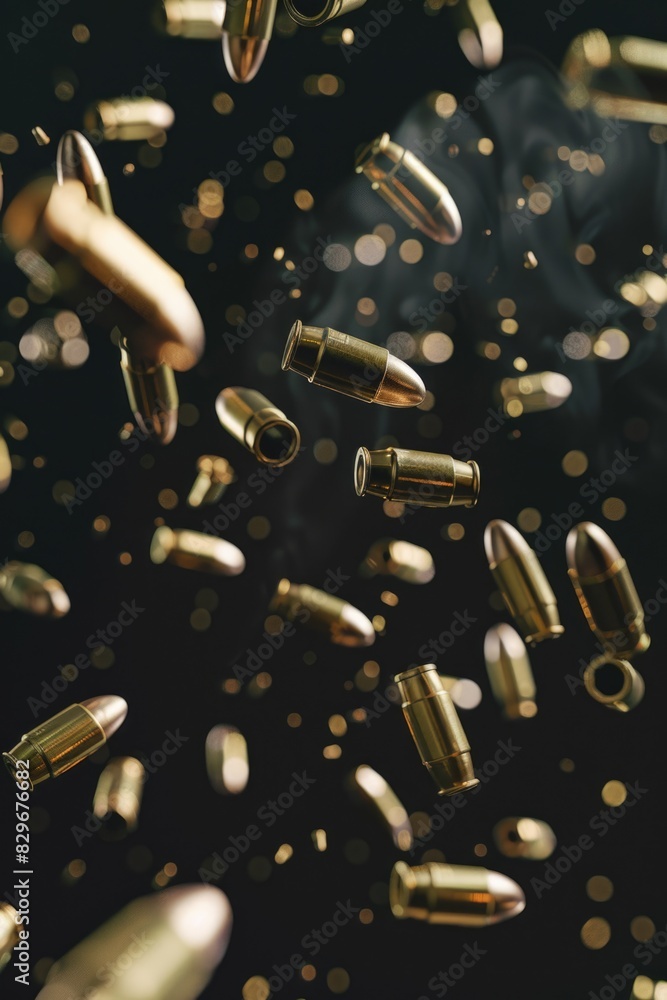 Poster bullet shells flying in the air, suitable for military or action-themed projects