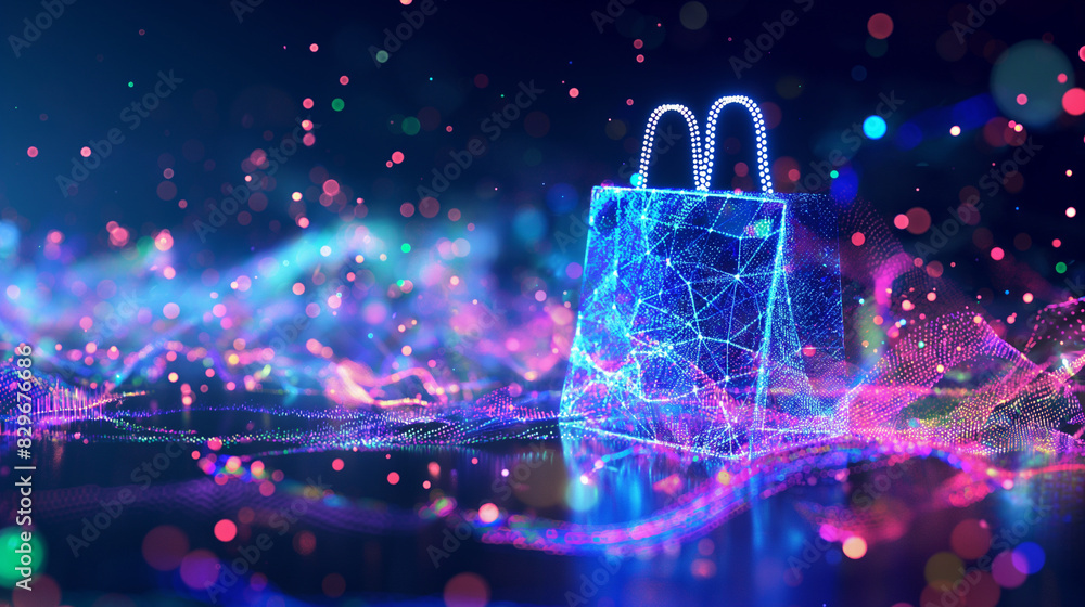 Poster virtual data streams merging into a holographic shopping bag, with a dynamic digital landscape in th
